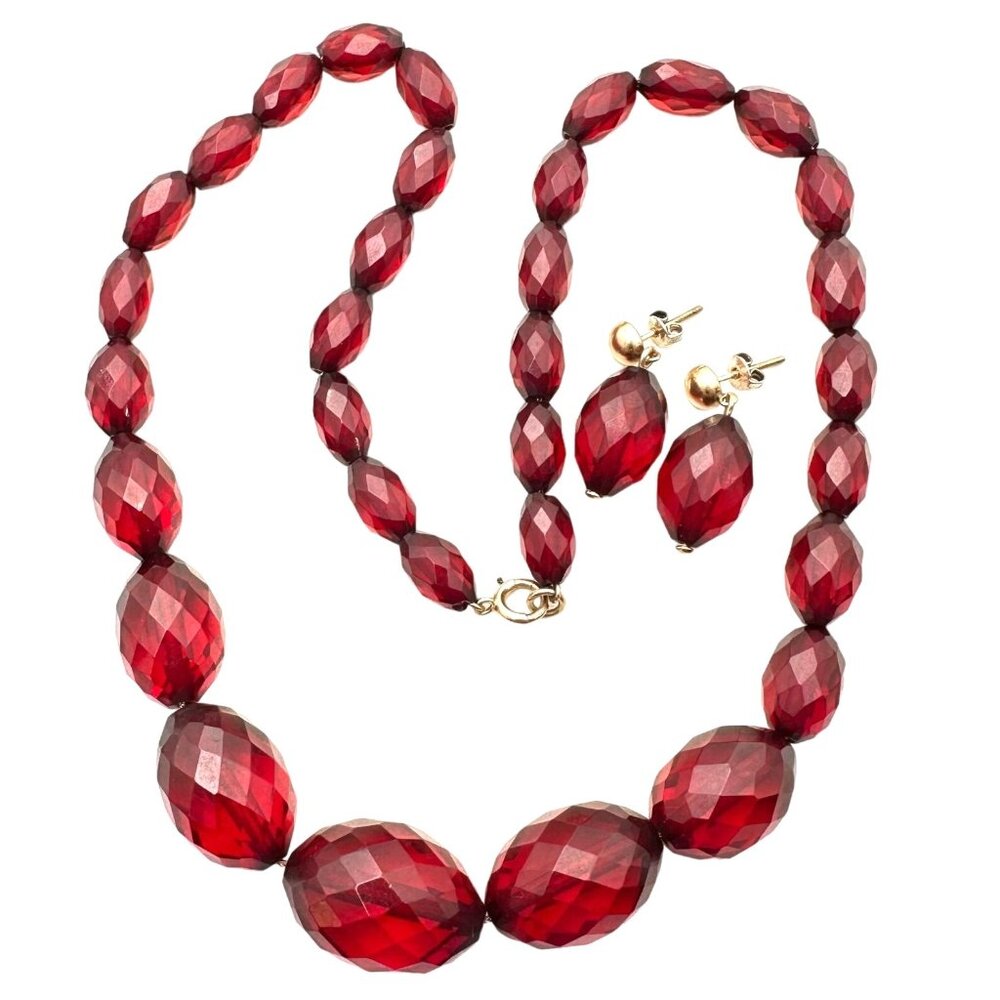 Antique 14K Rose Gold Faceted Cherry Amber Bakelite Bead Necklace Earrings Set